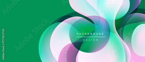 Abstract fluid shapes overlap, creating vibrant color gradients. Green background complements pastel hues. Modern design element.