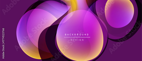 Abstract purple background features overlapping circles, gradients. Modern design elements create dynamic visual effect. Text reads background design.