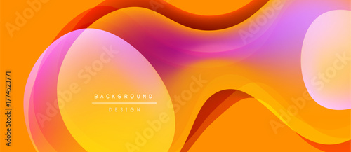 Abstract fluid shapes, vibrant colors blend. Orange, pink, purple gradients create dynamic background design. Smooth curves suggest movement.
