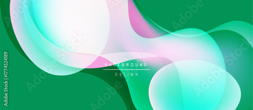 Abstract fluid shapes overlap, creating vibrant green, pink, turquoise gradients. Modern design element for backgrounds, presentations.