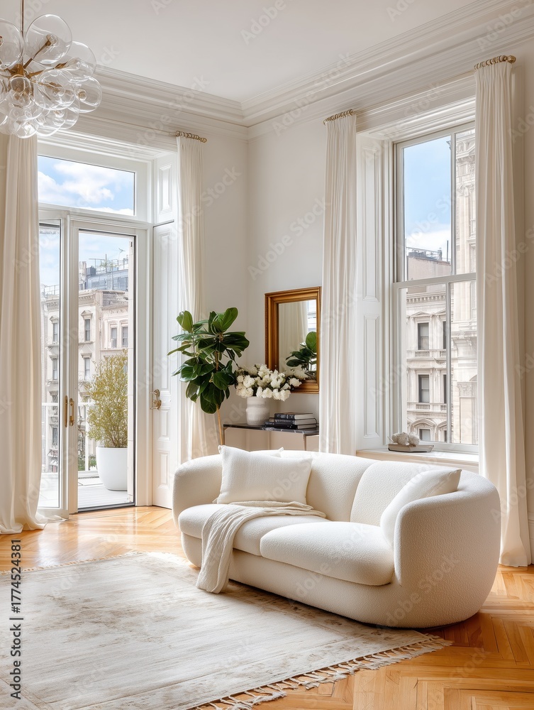 Fototapeta premium Modern white living room with natural light, minimalist decor, and comfortable furniture in a classic city apartment