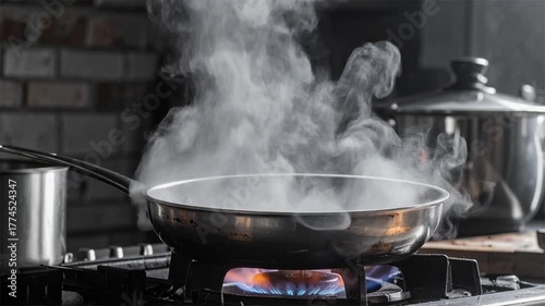 Steam rises from hot pan while cooking on stove in a cozy kitchen environment, emphasizing heat and culinary atmosphere.