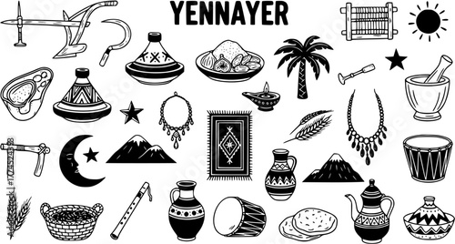 Yennayer Amazigh New Year Cultural Symbols  Traditional Objects. North African Berber heritage icons including food, tools, instruments, jewelry, and landscape elements.