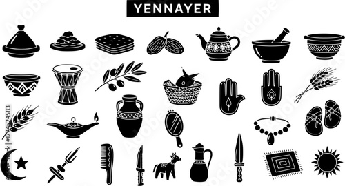 Yennayer Amazigh Berber New Year Icons Set: Traditional Cultural Elements, Food, Symbols, and Festivity Items