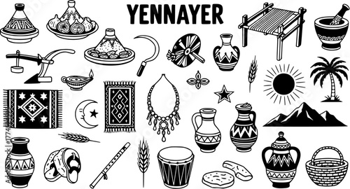 Yennayer Amazigh New Year cultural icons collection. Traditional Berber symbols, objects, food, and tools for North African celebration.