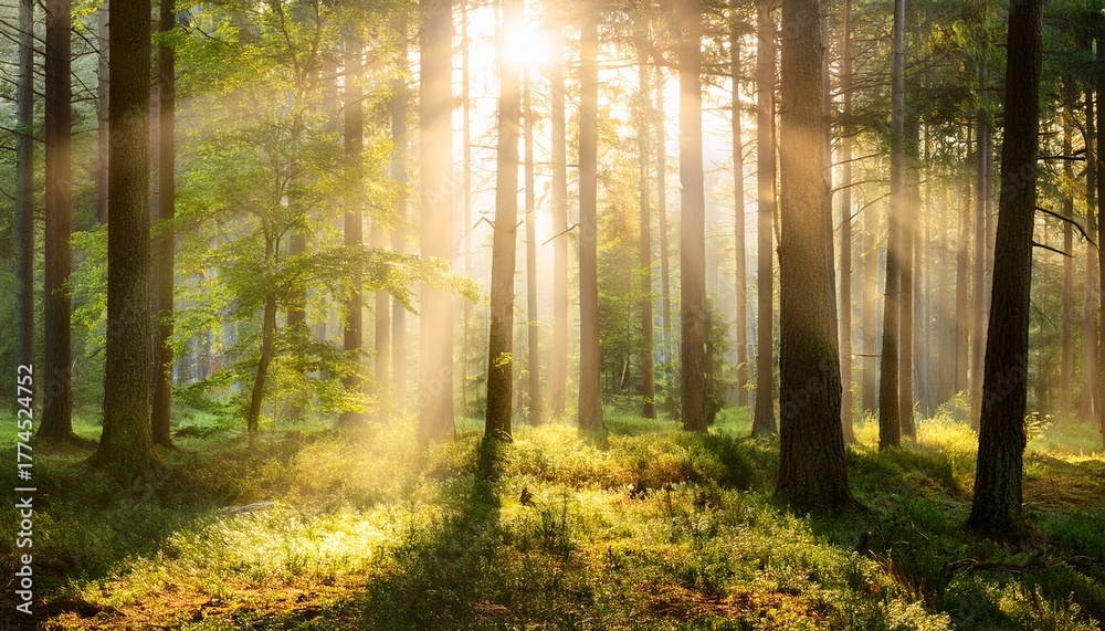 Fototapeta premium Sunlight Shining Through Trees In Forest Painting