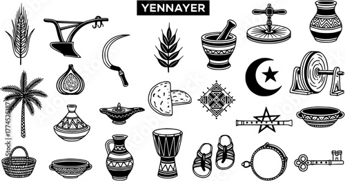 Yennayer Amazigh New Year cultural symbols. Traditional North African heritage icons, agriculture tools, pottery, musical instruments in black and white vector illustration.