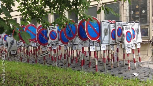 Brno, Czech Republic - August 1, 2025: Road signs. Many road signs indicate no stopping and no parking