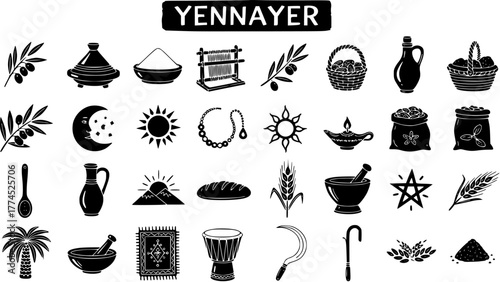 Yennayer Set: Berber New Year Vector Icons  Symbols - North African Heritage, Agriculture, Culture, Tradition