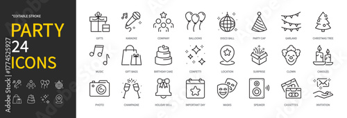 Celebration & party icon set. Gifts, karaoke, company, balloons, party cap, garland, Christmas tree, music, birthday cake, confetti, surprise, invitation, etc. Editable stroke. Vector illustration.