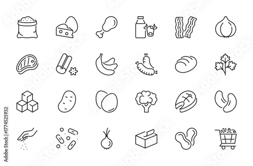 Ingredient & products icon set. Flour, chicken, milk, bacon, garlic, salt, yeasts, meat, cinnamon, banana, bread, butter, sugar, potato, eggs, fish, cashews, etc. Editable stroke. Vector illustration.