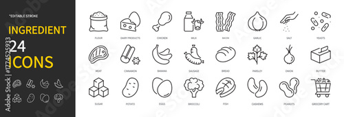Ingredient & products icon set. Flour, chicken, milk, bacon, garlic, salt, yeasts, meat, cinnamon, banana, bread, butter, sugar, potato, eggs, fish, cashews, etc. Editable stroke. Vector illustration.