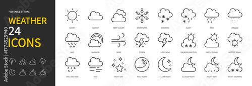 Weather & climate icon set. Sunny, cloudy, snowflake, snowing, sleet, rain, drizzle, hail, rainbow, wind, storm, lightning, partly sunny, fog, night sky, moon. Editable stroke. Vector illustration.