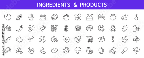 Ingredients & products icon set. Flour, chicken, milk, bacon, garlic, salt, yeasts, meat, cinnamon, banana, bread, butter, sugar, potato, eggs, fish, cashews, etc. Editable stroke.Vector illustration.