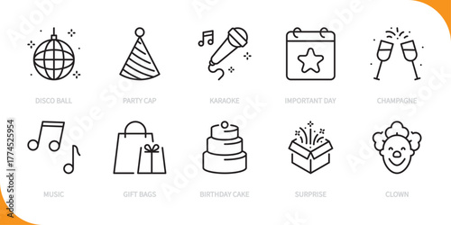 Celebration & party line icon set. Disco ball, cap, karaoke, important day, champagne, music, gift bags, birthday cake, surprise, clown sign, symbol. Vector illustration,editable stroke. Flat design.