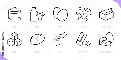 Ingredient & products line icon set. Flour, milk, eggs, yeasts, butter, sugar, bread, salt, cinnamon, dairy food sign, symbol. Vector illustration. Editable stroke. Flat design.