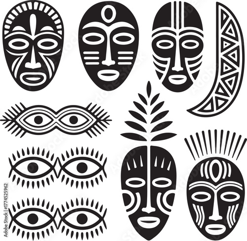 Tribal Masks Icon Ethnic Art Ornament Faces Silhouette Black and White Totem