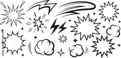 Comics Style Action Elements Boom Bang Pow FX Star Lightning Outline Drawing