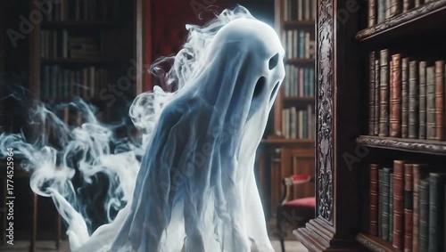 Floating Ghost Figure Moving Through Library Setting
