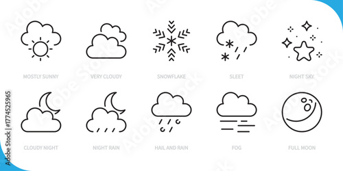 Weather & climate line icon set. Mostly sunny, very cloudy, snowflake, sleet, night sky, cloudy night, night rain, hail, fog, full moon sign, symbol. Vector illustration. Editable stroke. Flat design.