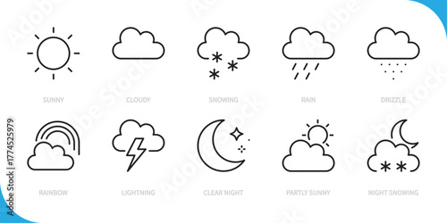 Weather & climate line icon set. Sunny, cloudy, snowing, rain, drizzle, rainbow, lightning, clear night, partly sunny, night snowing sign, symbol. Vector illustration. Editable stroke. Flat design.