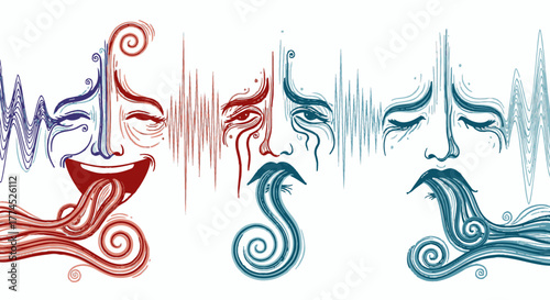 Abstract depiction of human emotions with sound waves and stylized faces.