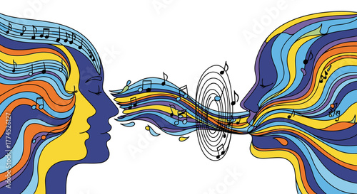 Abstract illustration of two colorful faces communicating with musical notes.