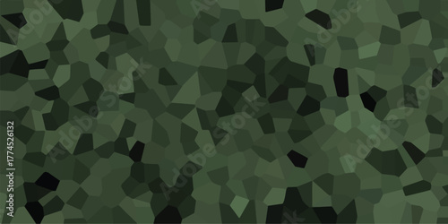 Abstract geometric mosaic pattern in varying shades of deep forest green and dark olive creating a textured, organic camouflage-like background for design and digital art applications