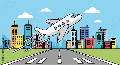 Airplane taking off from a runway with a city skyline in the background.