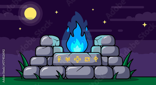 Ancient Stone Altar with Mystical Blue Fire and Golden Symbols.