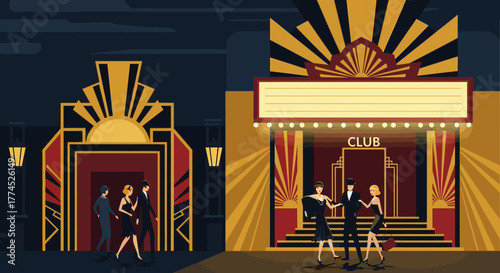 Art Deco Nightclub Entrance with People Dancing and Socializing.