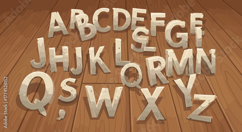Alphabet letters scattered on a wooden surface.
