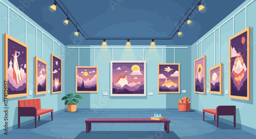 Art gallery interior with various paintings on display.