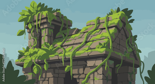 Ancient Stone Ruin Overgrown with Lush Green Vines and Moss.
