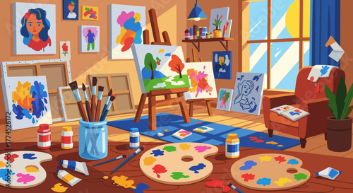 Art studio filled with various painting supplies and colorful artworks.