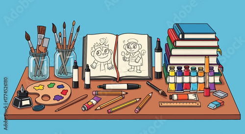 Artistic Workspace with Drawing Supplies and Sketchbook.