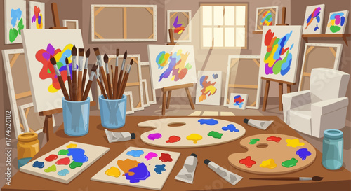 Art studio with various painting supplies and colorful artworks.
