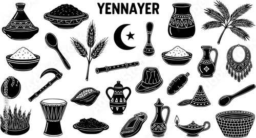 Yennayer Amazigh New Year Celebration Icons Set: Traditional Berber Cultural Elements, Food, and Symbols of North Africa
