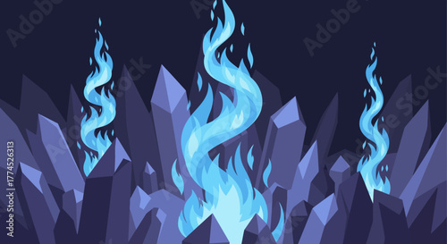 Blue Flames Erupting from Jagged Crystal Formations.