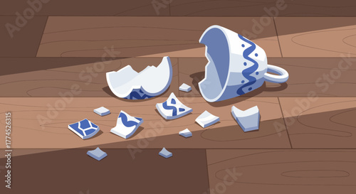 Broken ceramic cup shattered into pieces on a wooden floor.