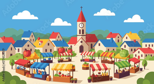 Bustling outdoor market with colorful stalls in a charming village square, featuring a variety of goods for sale.