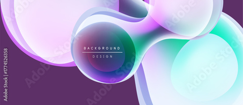 Abstract fluid shapes, vibrant colors blend. Purple backdrop complements light blue, pink hues. Modern design element.