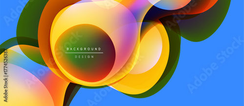 Abstract colorful shapes overlap. Bright gradients create dynamic visual effect. Background design features flowing forms, vibrant hues.