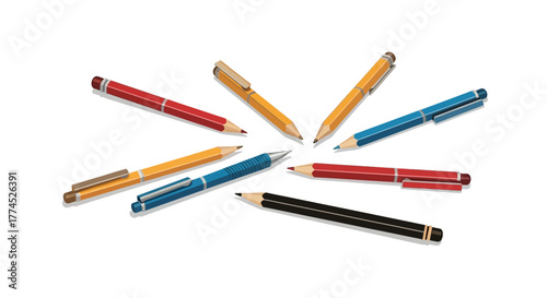 Collection of colorful writing instruments arranged in a circular pattern.