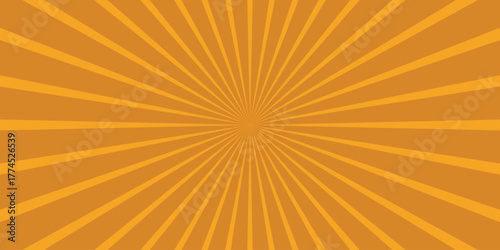 Bright orange and yellow sunburst background with radiating lines creating a warm and energetic retro comic book style explosion effect for graphic design and advertising