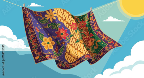 Colorful Batik Fabric Drying in the Sun with Traditional Patterns.