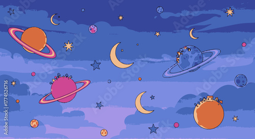 Colorful Planets and Celestial Bodies in a Dreamy Space Scene.