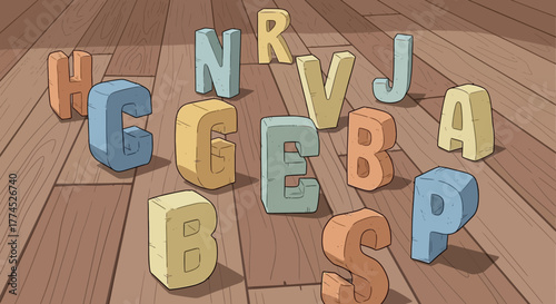 Colorful wooden alphabet blocks scattered on a wooden floor.