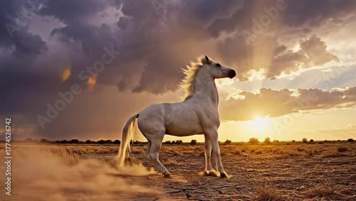 Standing White Horse at Sunset on Cracked Earth Plains