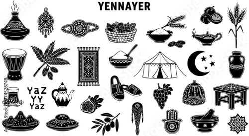 Yennayer Amazigh New Year cultural icons collection: Traditional Berber symbols, food, and objects in black and white illustrations.
